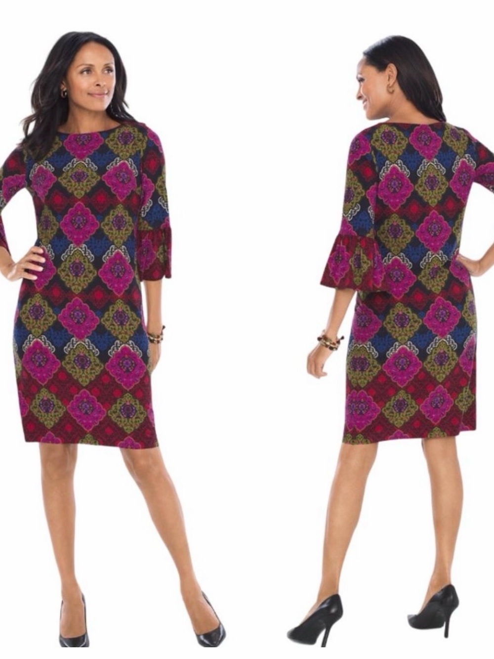 Chicos Multicolor Medallion Knit Sheath Dress 3/4 Bell Sleeves and Boat Neckline